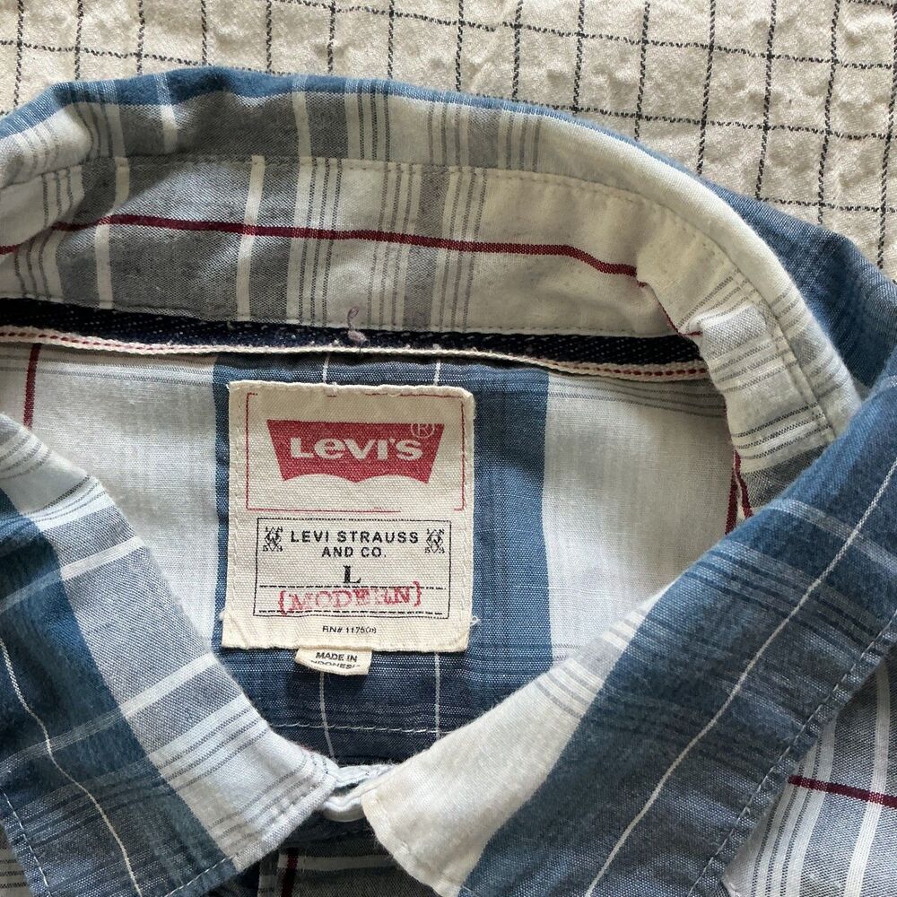 Levi's White Blue Plaid Western Pearl Snap Long Sleeve Button Down Shirt Men's L - Picture 5 of 8